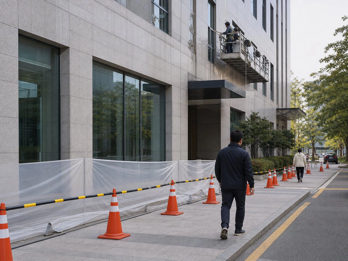 외벽청소 작업 구역 주변 보행 동선을 통제한 예시 이미지