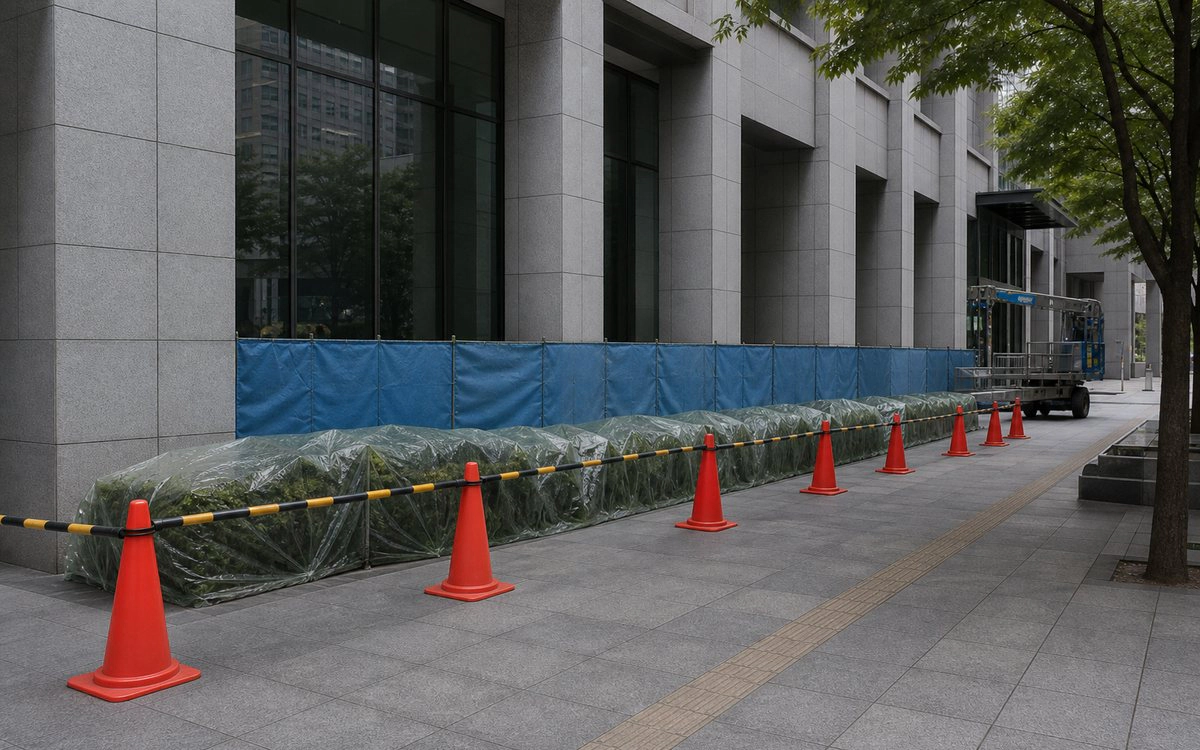 외벽청소 전 보행 구역과 하부 보호를 준비하는 예시 이미지