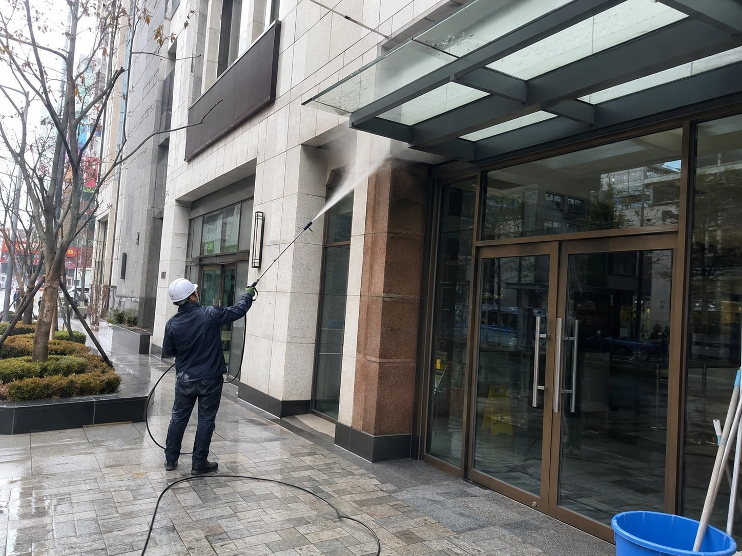 유리창 외부 돌출 물받이 잔여 분진 청소